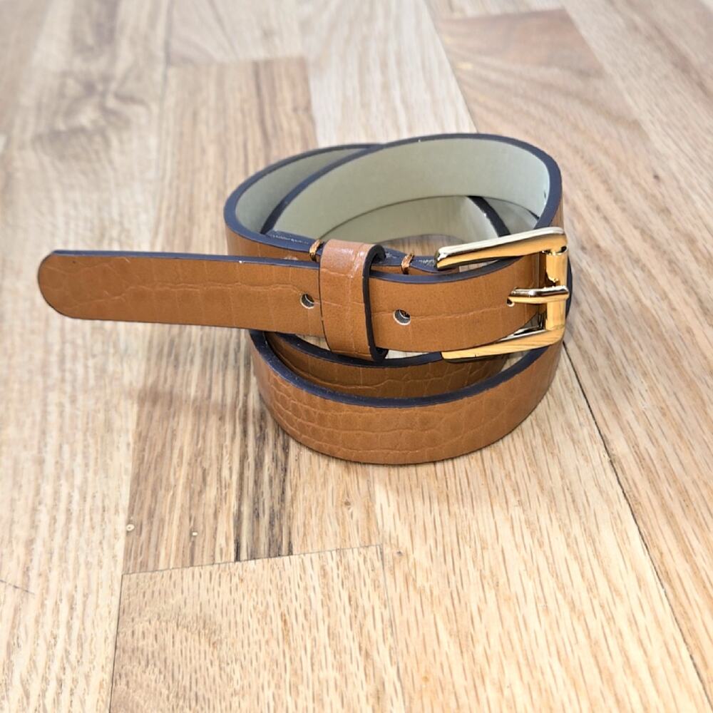 Caramel Brown women's  Faux Crock Embossed Thin Belt Gold buckle small